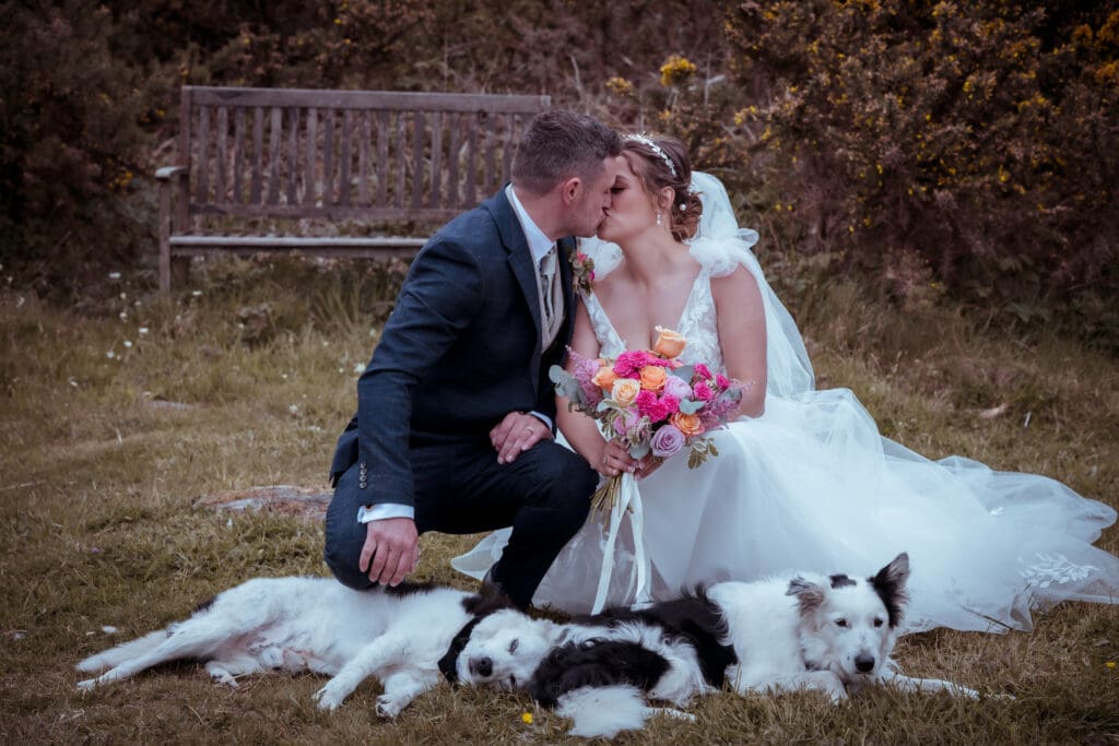 happy couple on their wedding day alone with dogs before big party